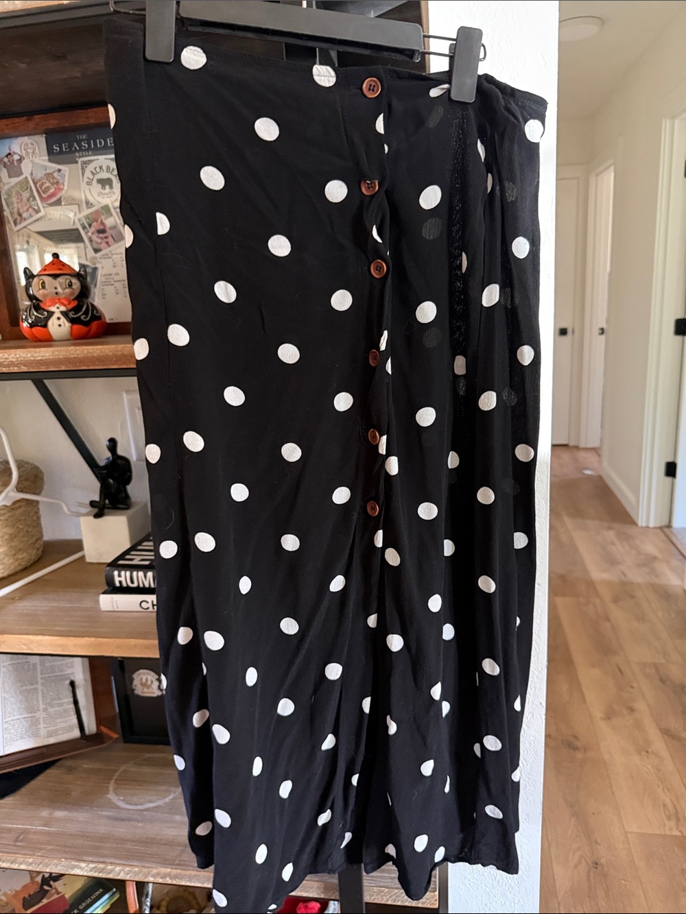 Free People Size 12 Black and White Polka Dot Button-Front Midi Skirt